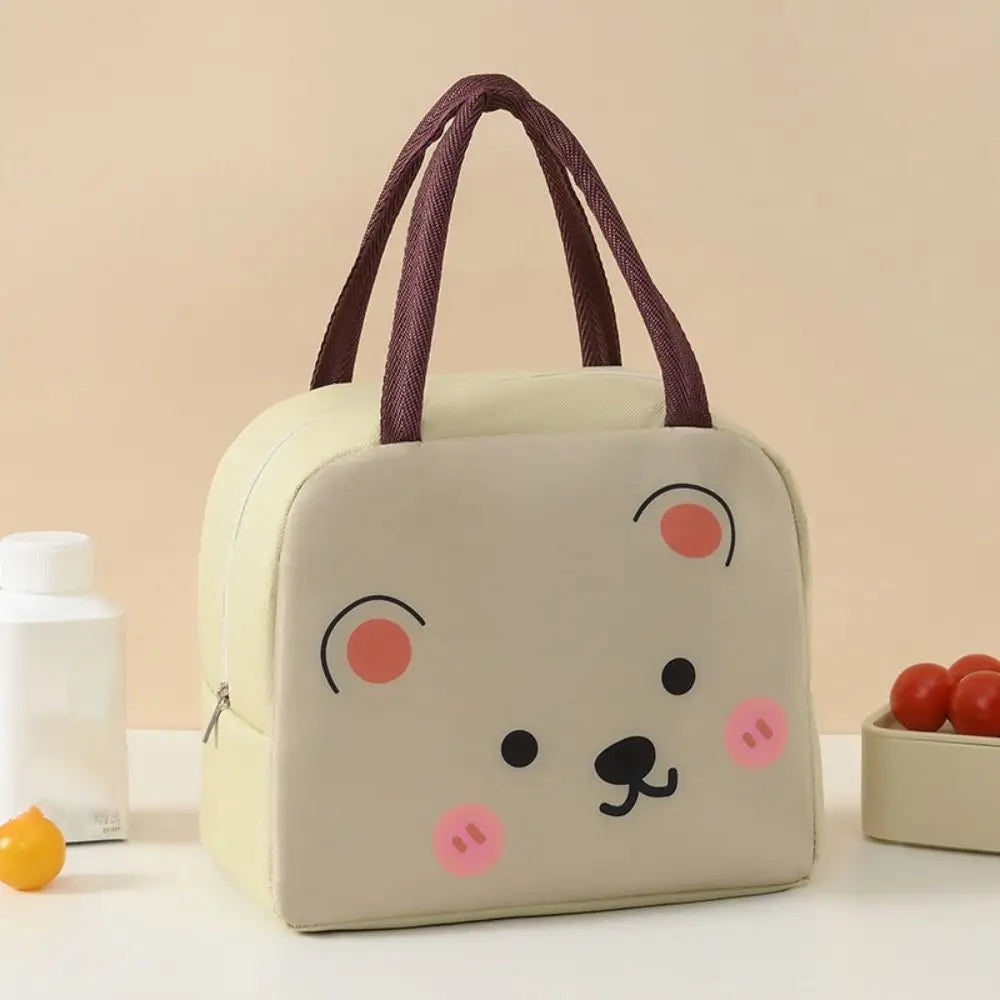 Beige kawaii lunch bag with a bear face design on a beige background
