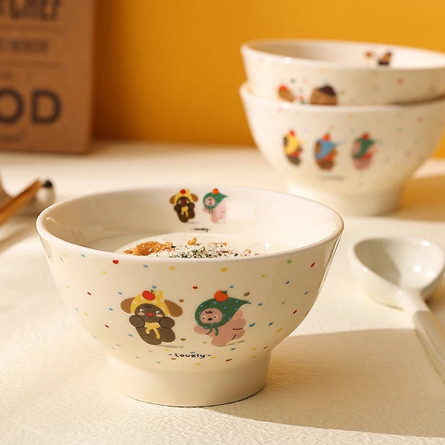 Ceramic breakfast kawaii ramen bowl with cartoon designs on a light surface.