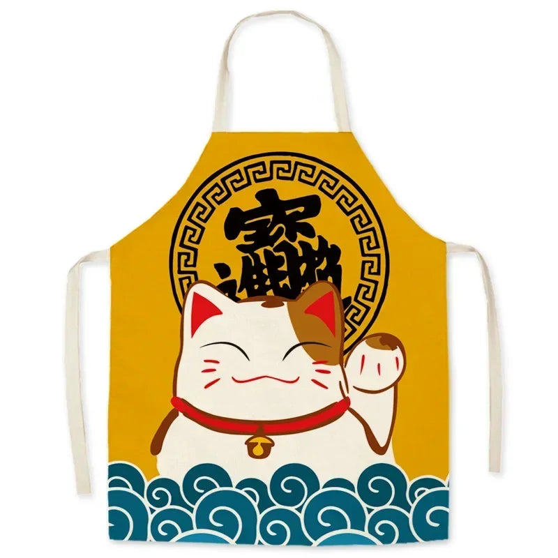 Kawaii apron with a cartoon cat design and Chinese characters on a yellow background