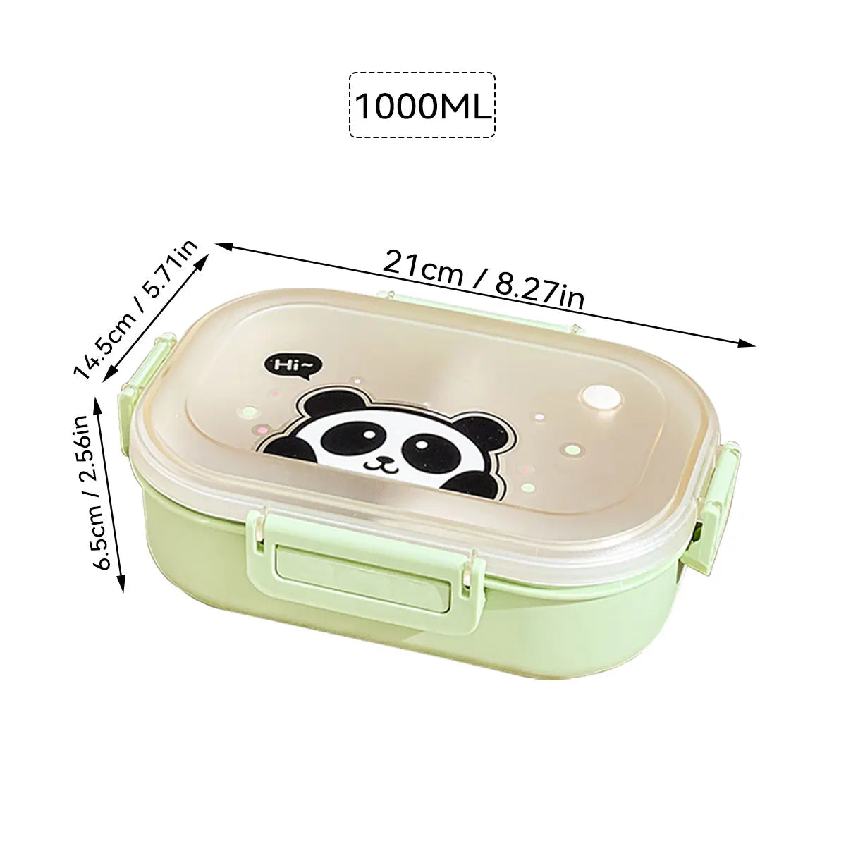 Green and beige lunch box with kawaii panda design and measurements on a white background