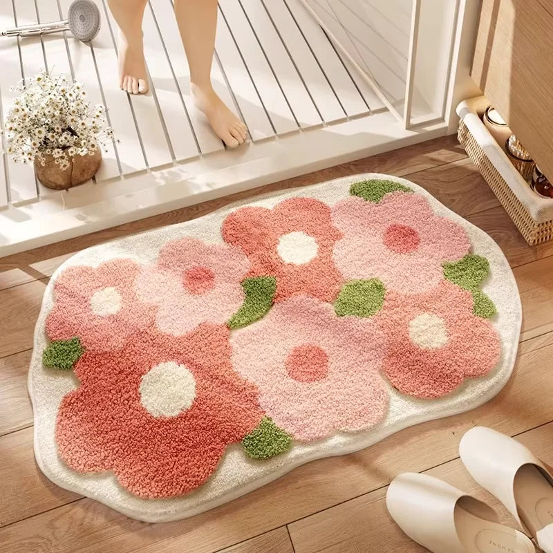 Floral design kawaii rug on a wooden floor with a person entering a room.