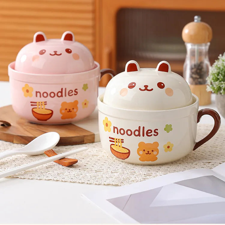 Cute cartoon noodle kawaii ramen bowl with lid on a table