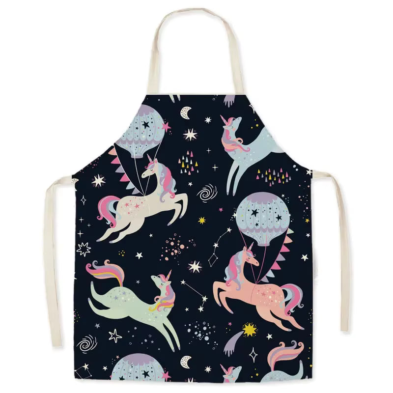 Unicorn kawaii apron with a space-themed design on a white background