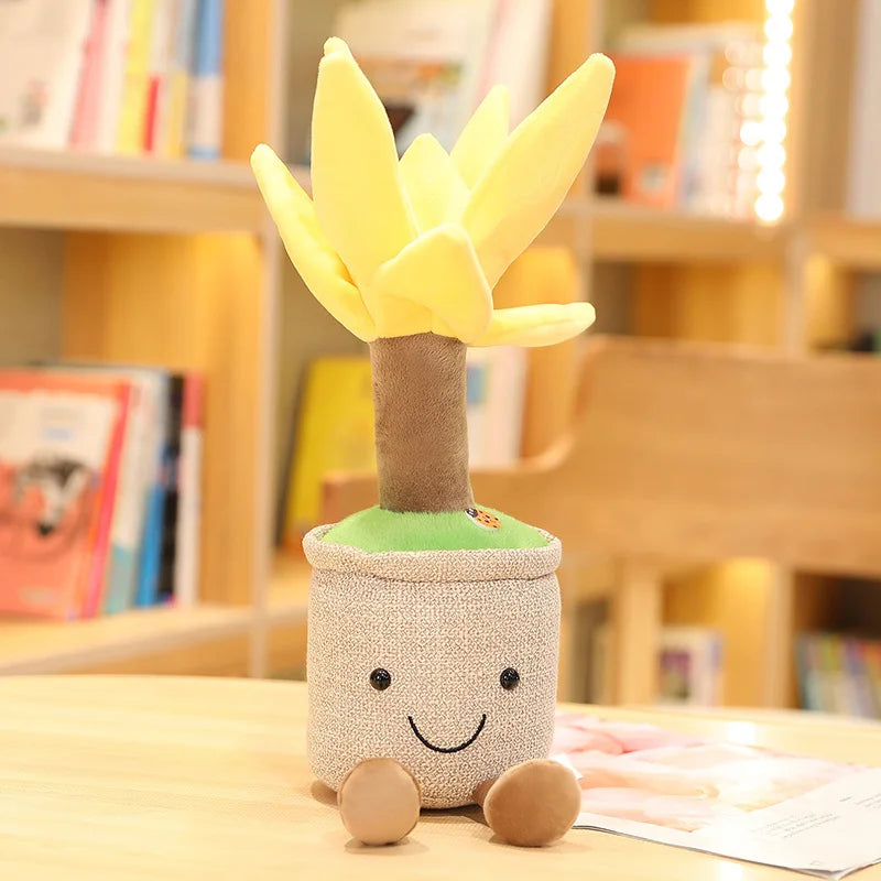 Plush kawaii toy resembling a potted plant with a smiling face on a wooden surface.