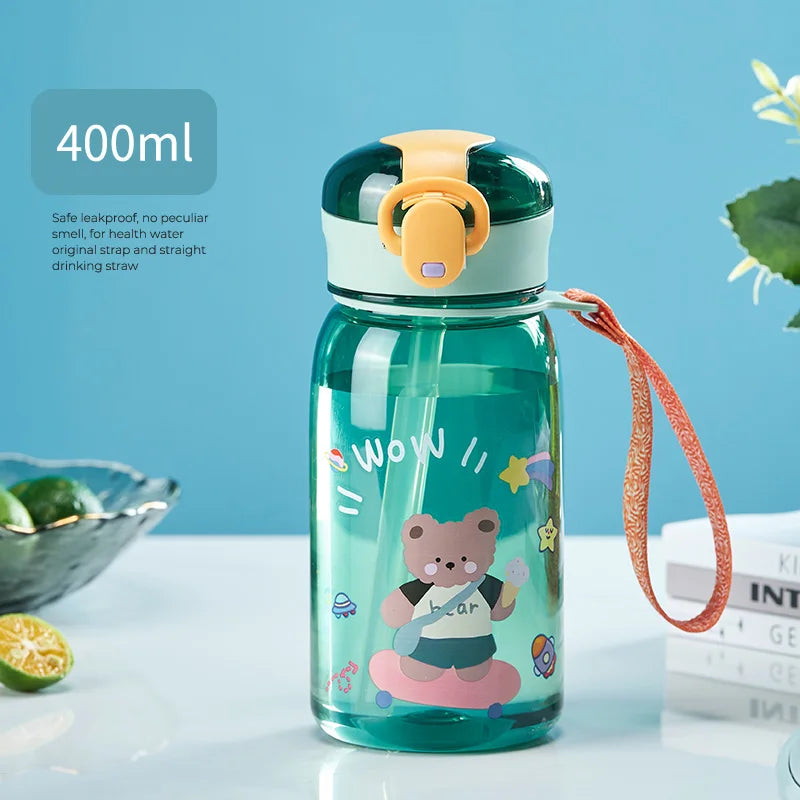 Children's kawaii water bottle with bear design on a blue background