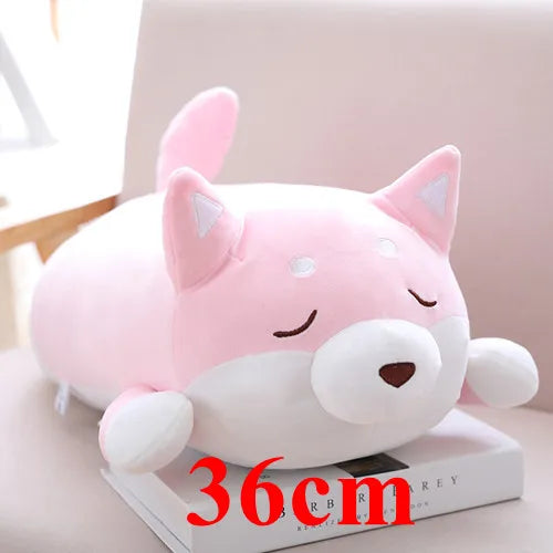 Pink and white plush kawaii toy resembling a cat on a book with '36cm' text