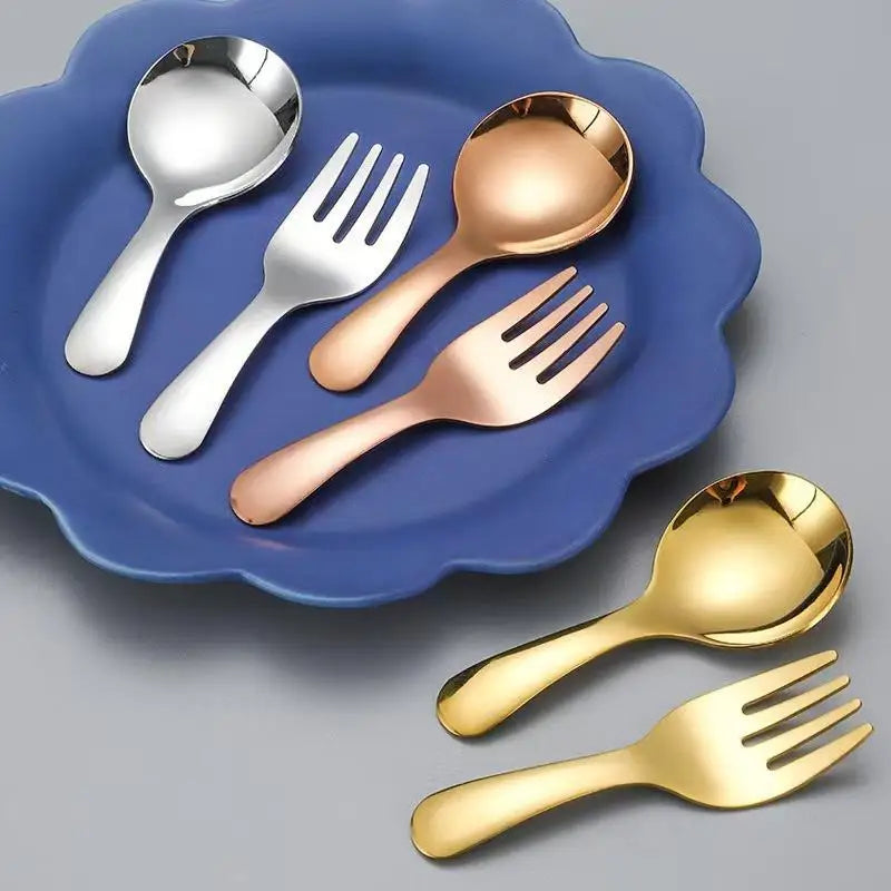 Three sets of kawaii utensils in gold, silver and bronze