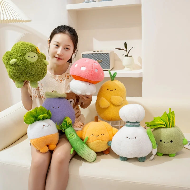 Woman holding colorful kawaii plush vegetable toys in a home setting