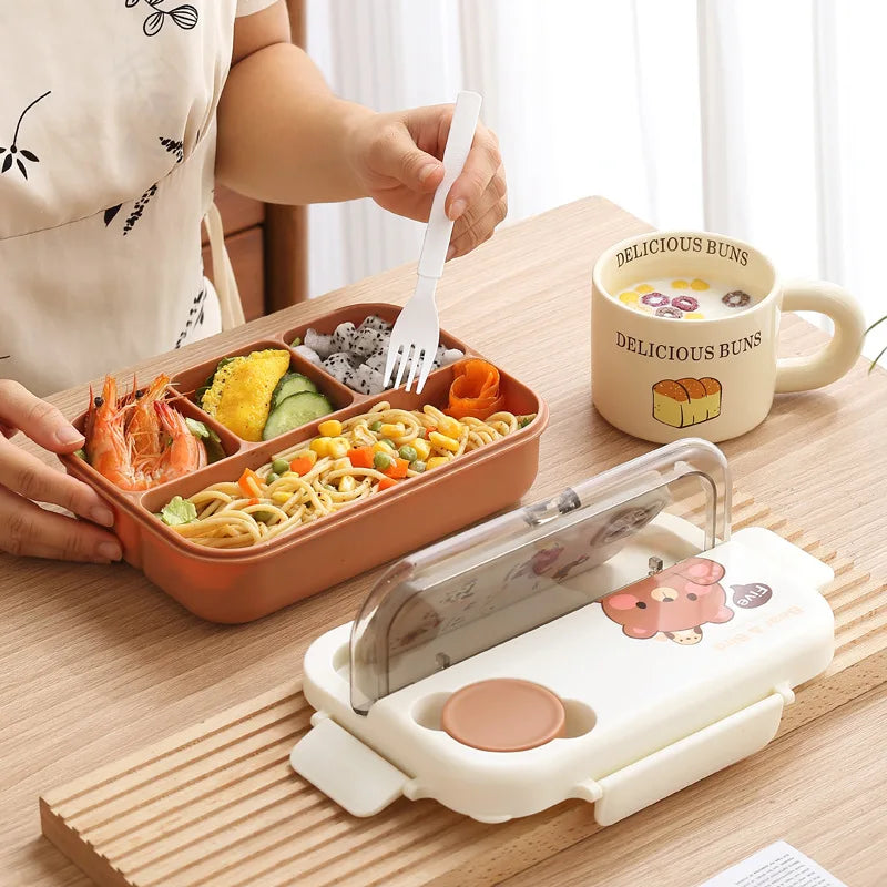 Person using a kawaii bento box with food, next to a mug labeled 'Delicious Buns' on a wooden table.