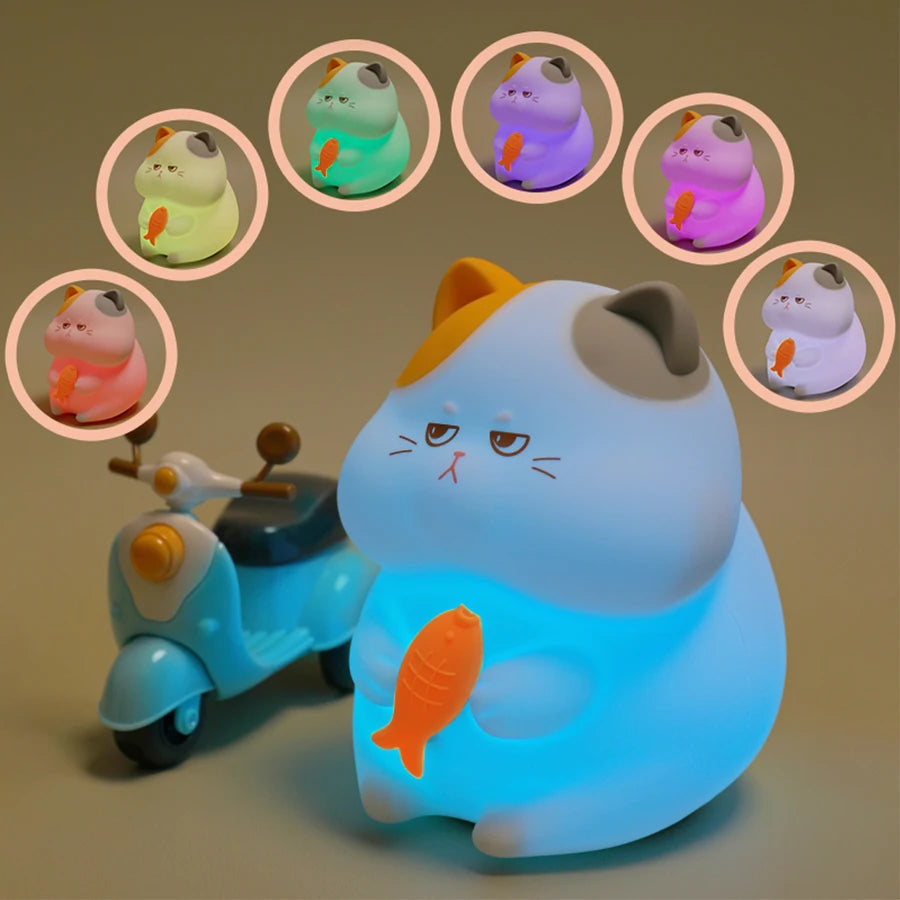 Color-changing kawaii cat-shaped toy with a scooter and surrounding color options on a beige background