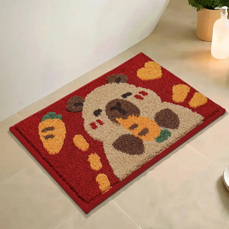 Decorative rug with cartoon dog kawaii design on a tiled floor