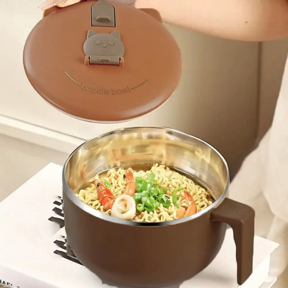 Someone opening the lid of a brown kawaii ramen bowl