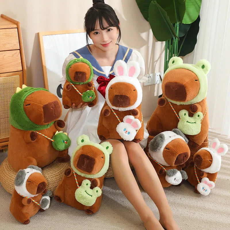 Woman sitting on the floor surrounded by kawaii plush animal toys in a home setting.