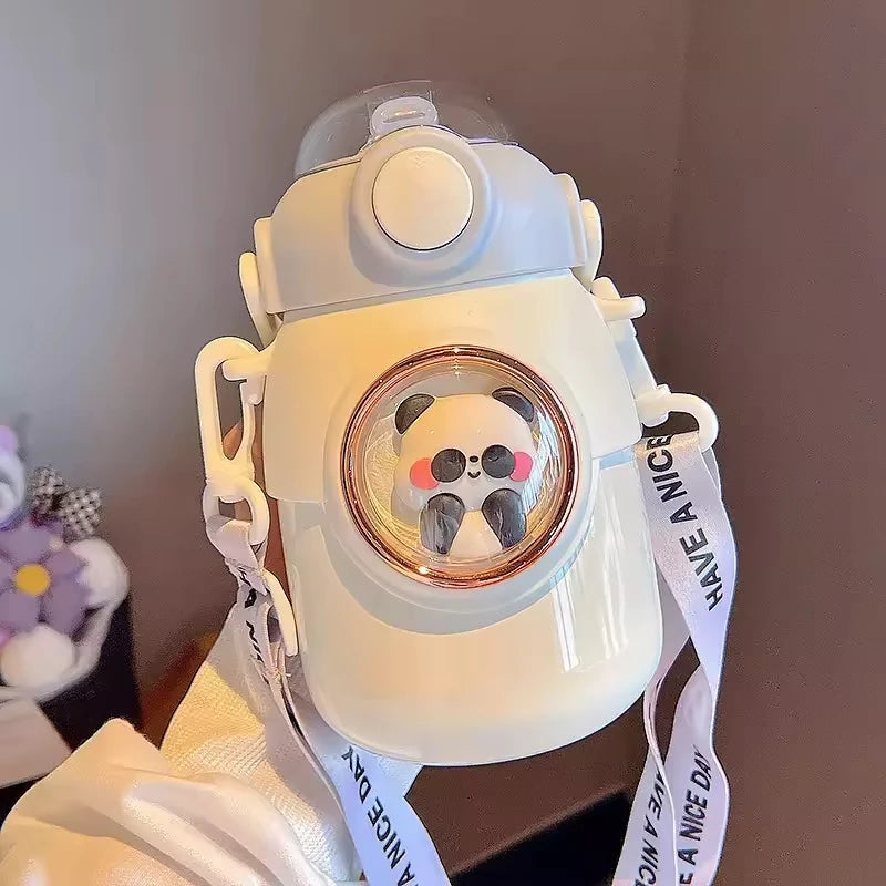 Children's kawaii water bottle with panda design and lanyard on a neutral background