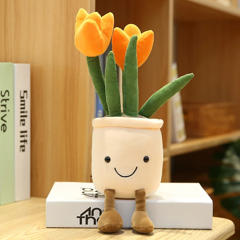 Plush kawaii toy flower pot with smiling face on a wooden surface