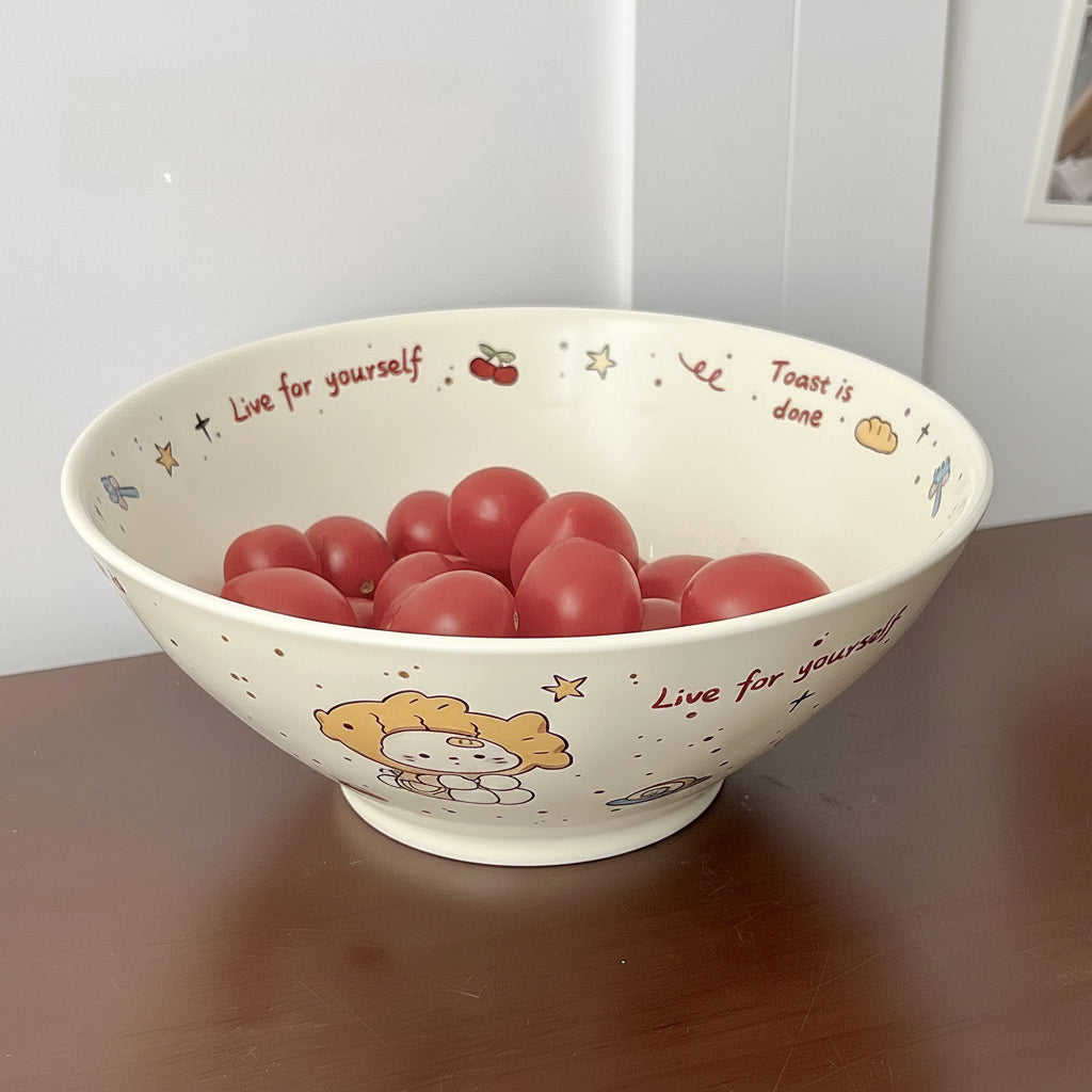 Decorative kawaii ramen bowl with cartoon character and text on a wooden surface