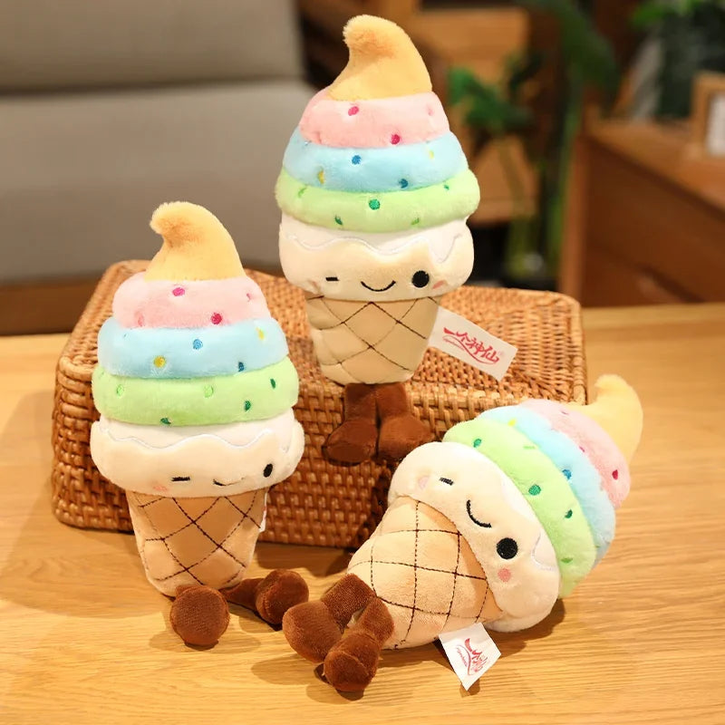 Three kawaii plush ice cream cone toys on a wooden surface with a wicker basket in the background.