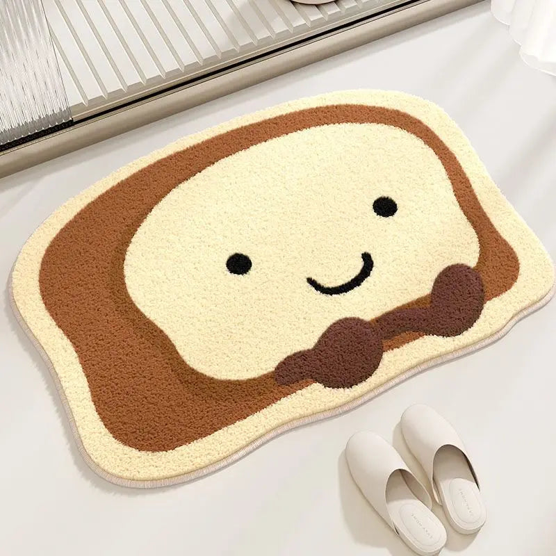 Toast-shaped kawaii rug with a smiley face on a white surface
