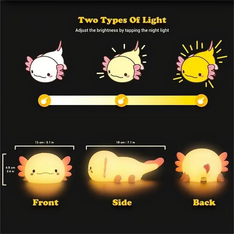 Illustration of a kawaii night light with two types of light and measurements on a black background