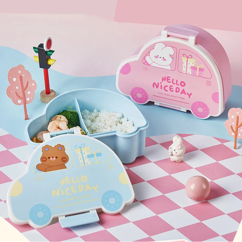 Kawaii-themed kawaii bento box set with car design on a pink and white checkered background