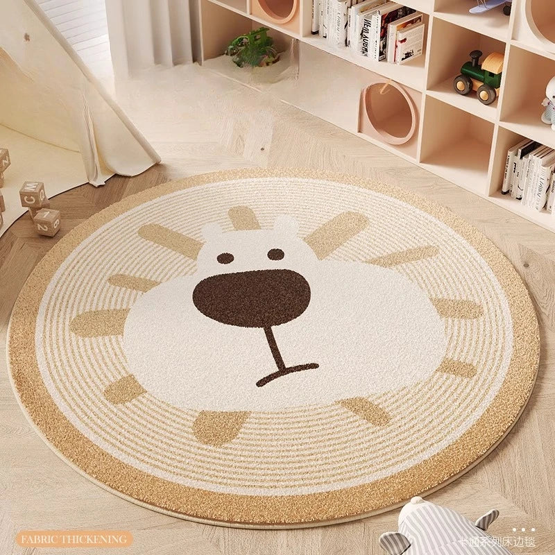 Round kawaii rug with a lion design in a room with shelves and toys.