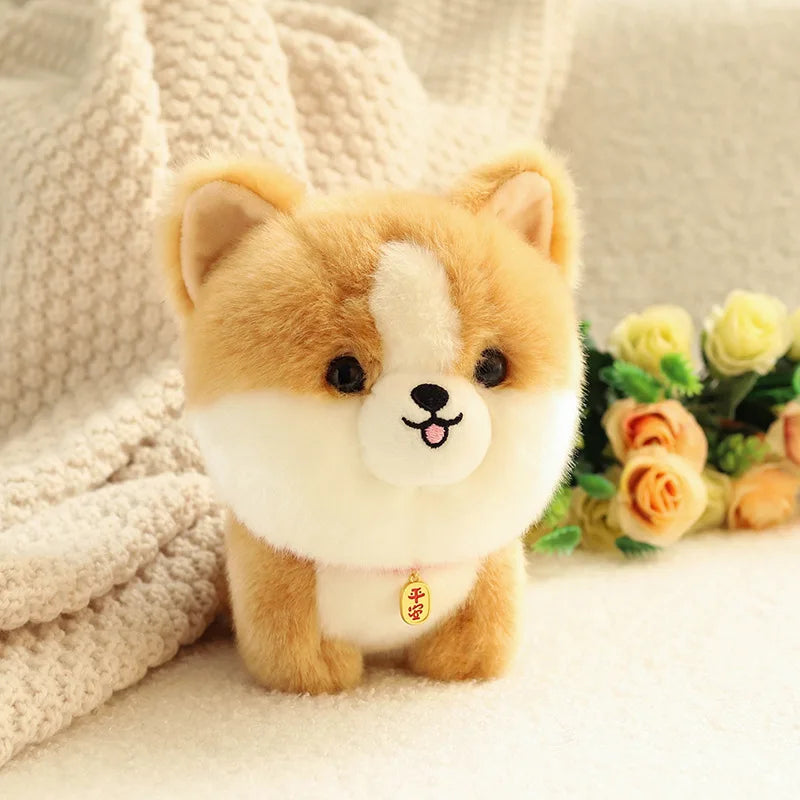 Kawaii plush toy dog with a white face and brown body, sitting on a soft surface with flowers in the background.