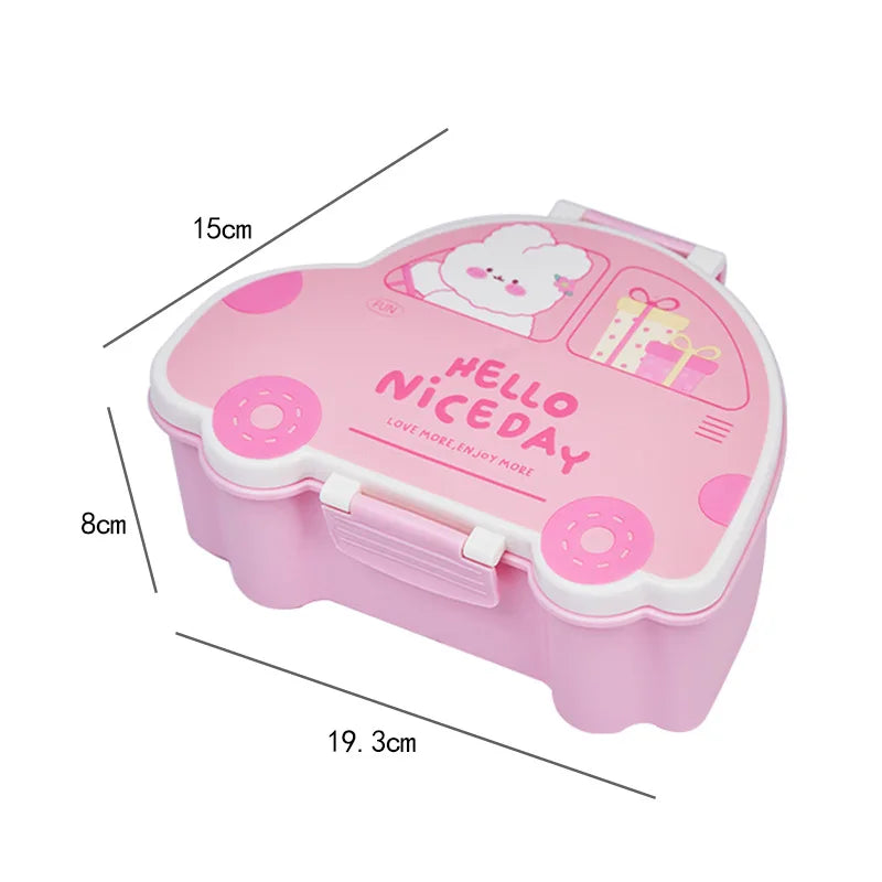 Pink cartoon-themed kawaii lunch box with dimensions on a white background