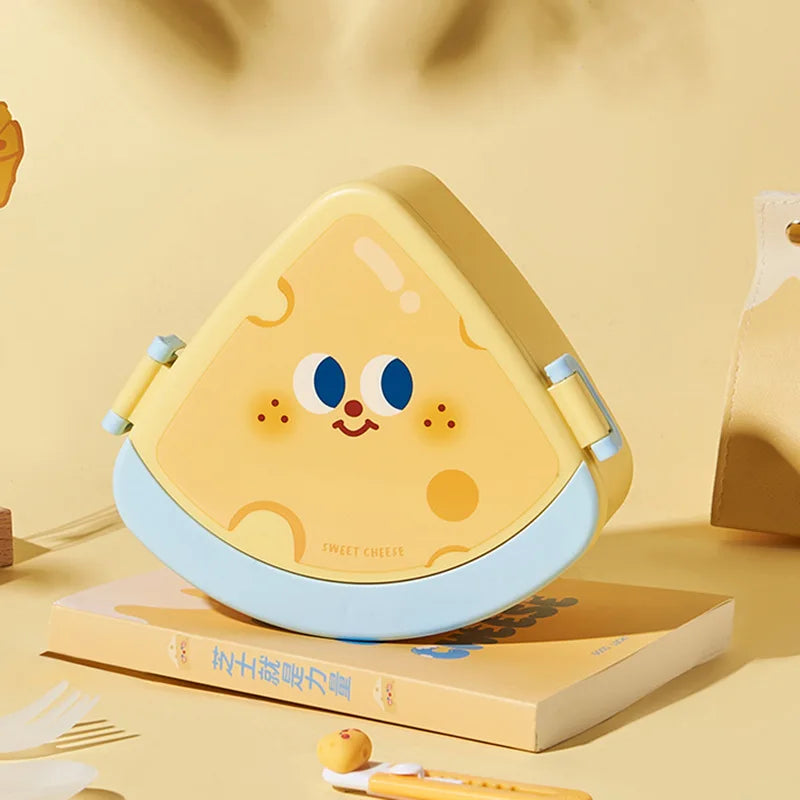 Yellow and blue kawaii cartoon-style lunch box on a yellow background