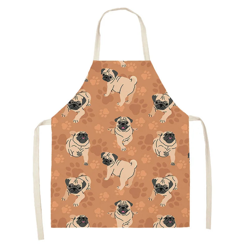 Kawaii apron with pug dog pattern on a brown background