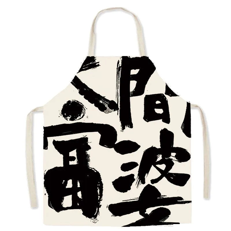 Kawaii apron with black abstract designs on a white background