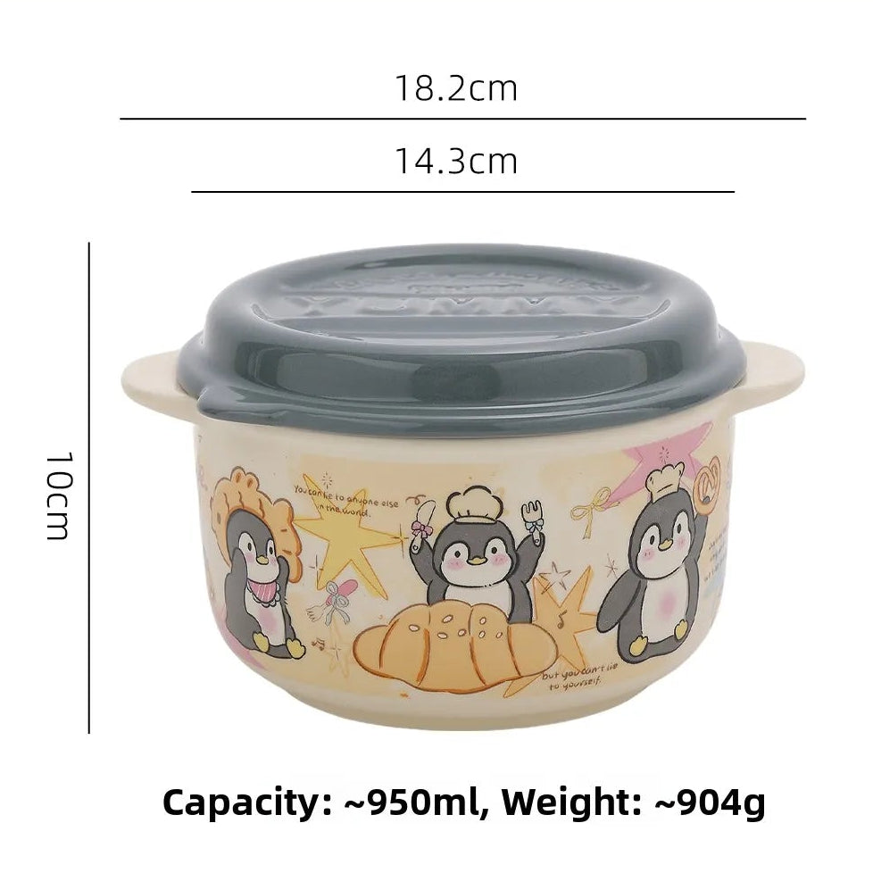 Gray cartoon lid kawaii ramen bowl with penguin design, showing measurements and features on a beige background.