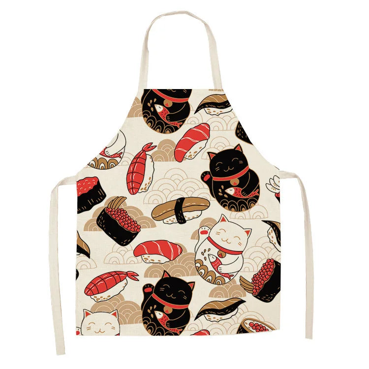 Kawaii apron with cat and sushi design on a white background