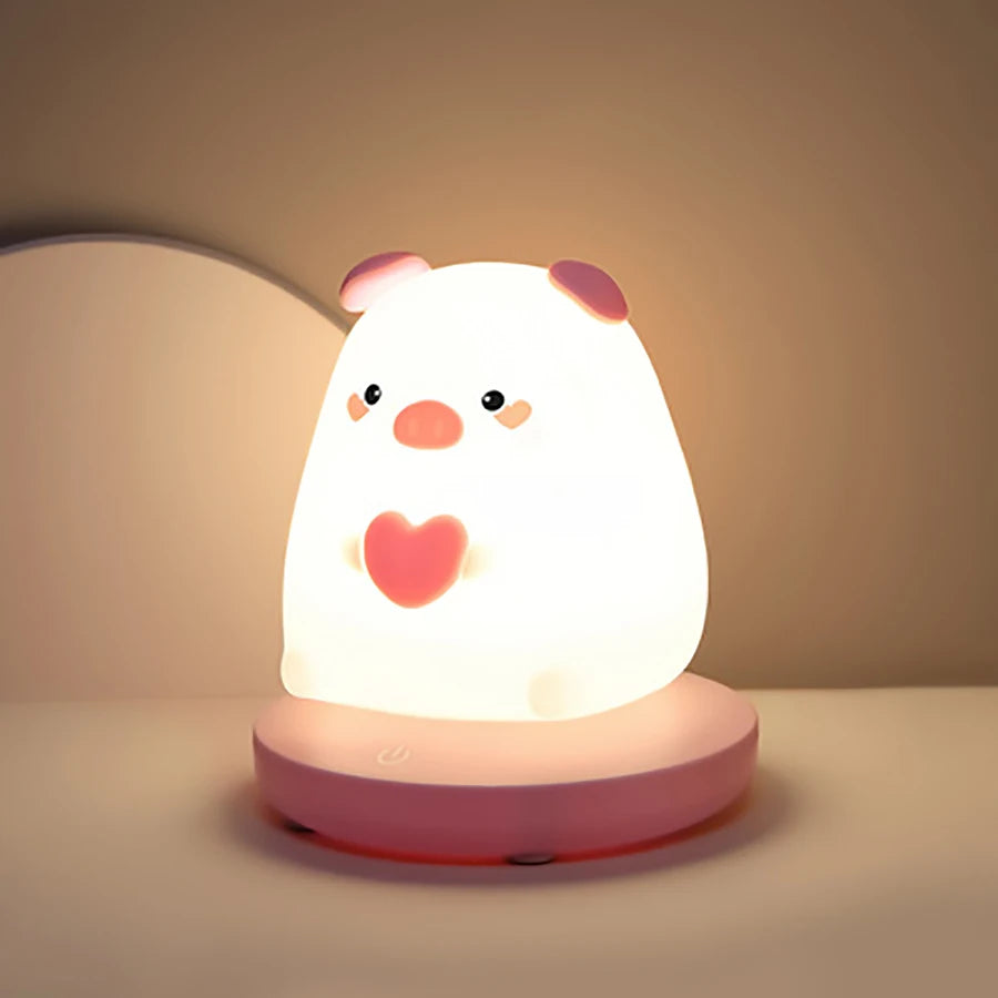 Cute kawaii animal-shaped night light with a heart on a beige background