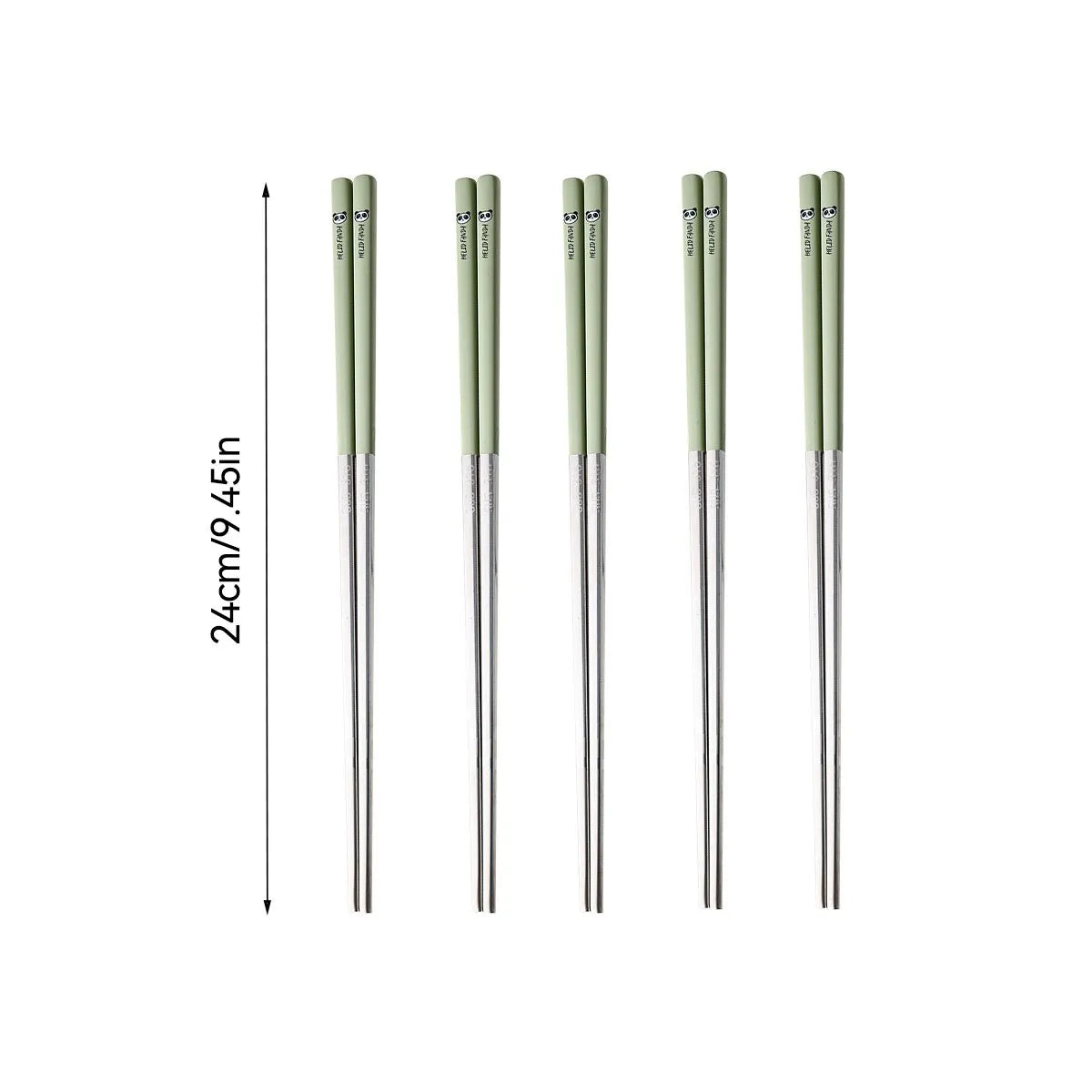 Set of six green kawaii chopsticks with measurement details on a white background