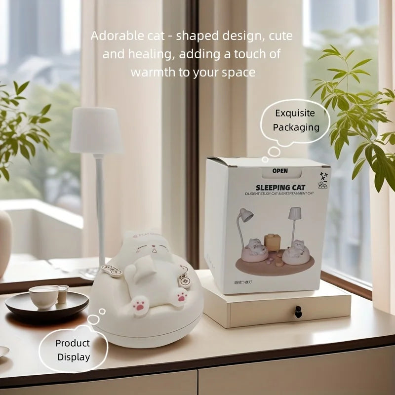 Kawaii cat-shaped decorative item on a table with packaging in the background