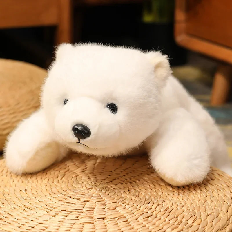 White kawaii teddy bear sitting on a woven surface with a blurred background