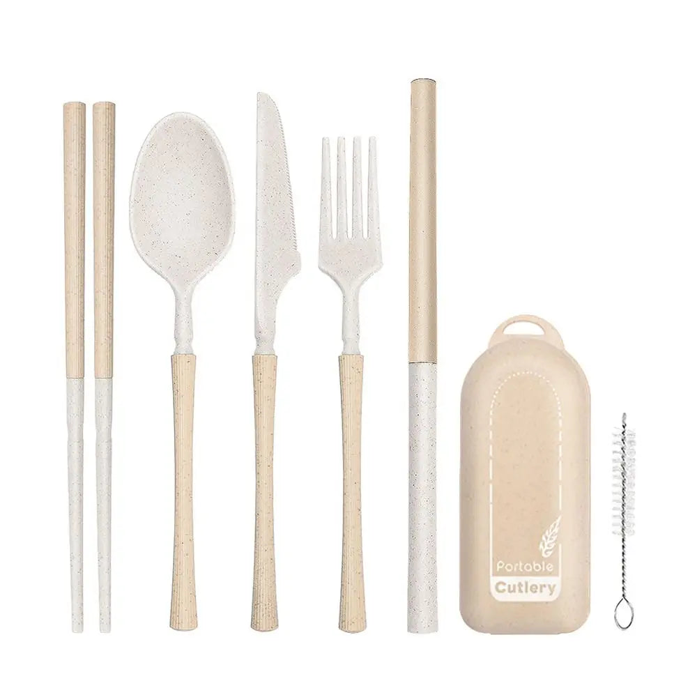 Set of portable kawaii utensils including knife, fork, spoon, chopsticks, and carrying case on a white background.