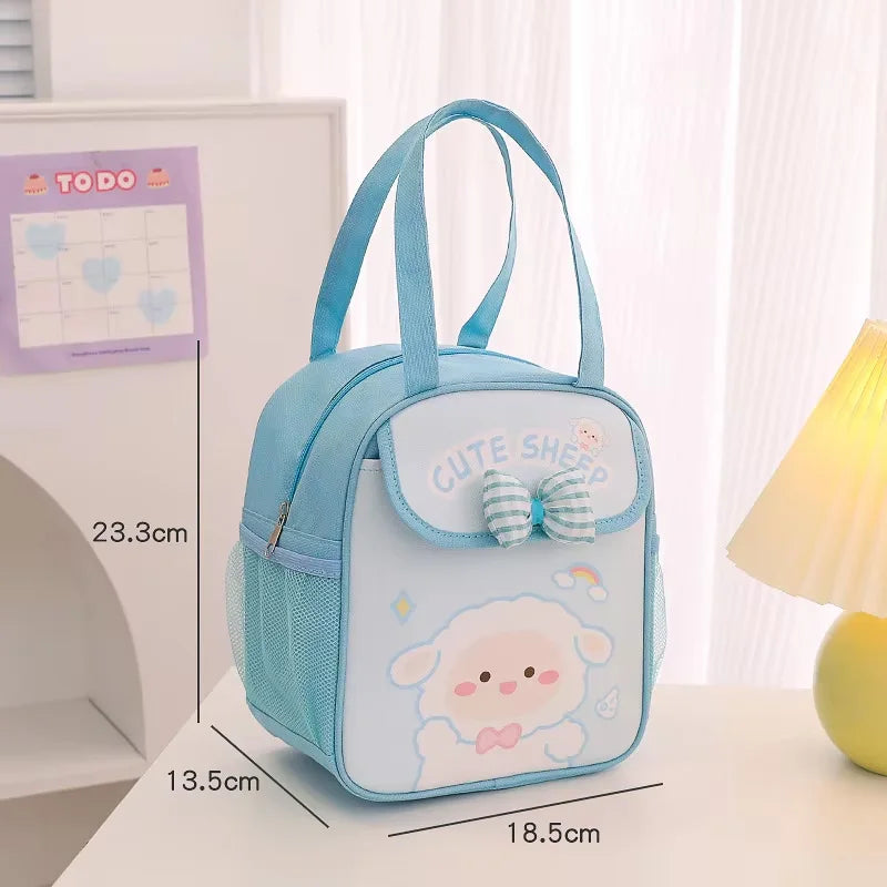 Cute blue sheep-themed kawaii lunch bag with dimensions on a light background