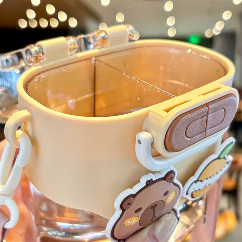 Children's kawaii water bottle with bear design on a blurred background