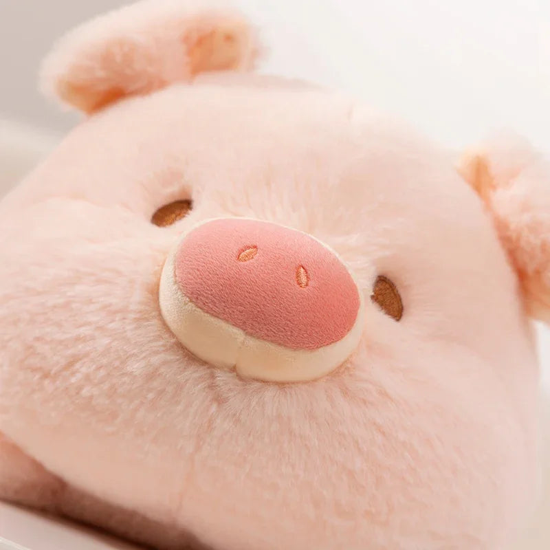 Close-up of a pink kawaii plush pig toy with a soft texture.