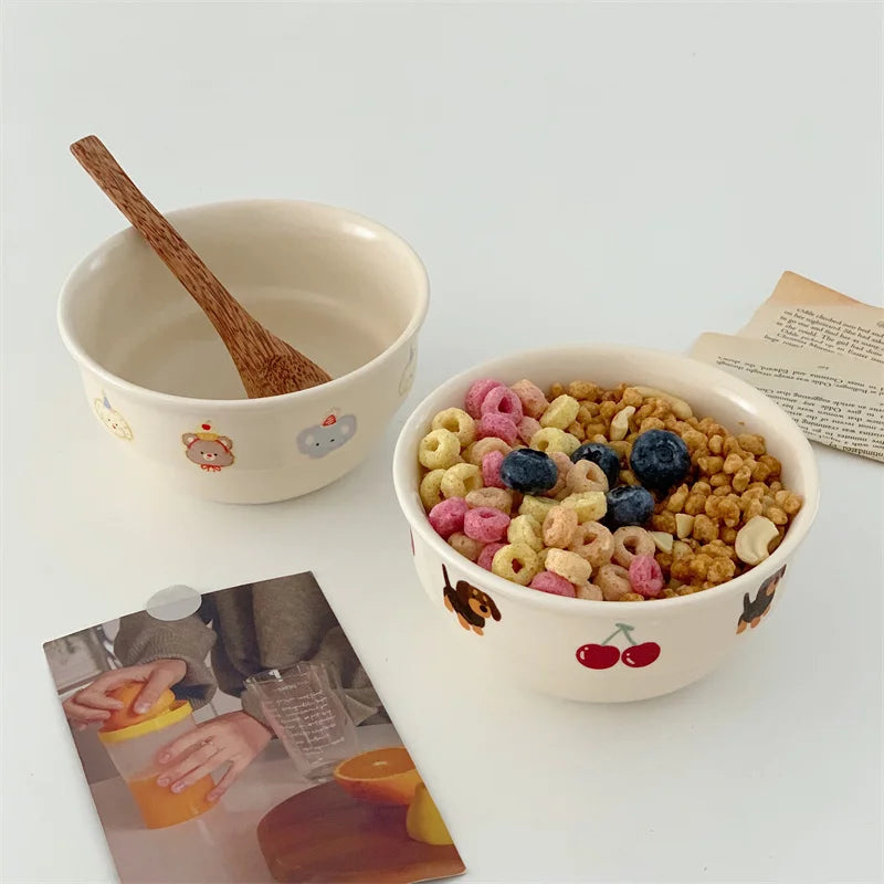 Cereal kawaii ramen bowl with colorful cereal and a wooden spoon on a light surface.