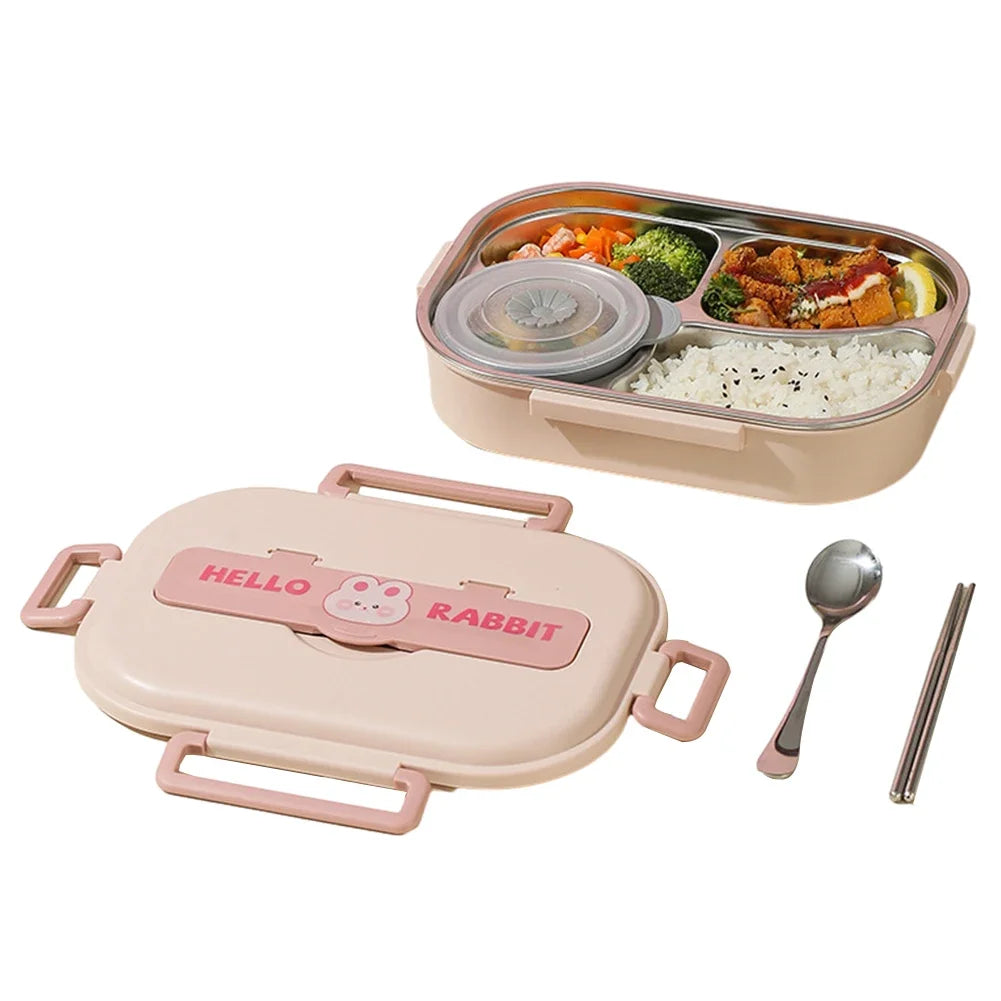 Pink kawaii bento box with 'Hello Rabbit' design, divided food container, spoon, and chopsticks on a white background.