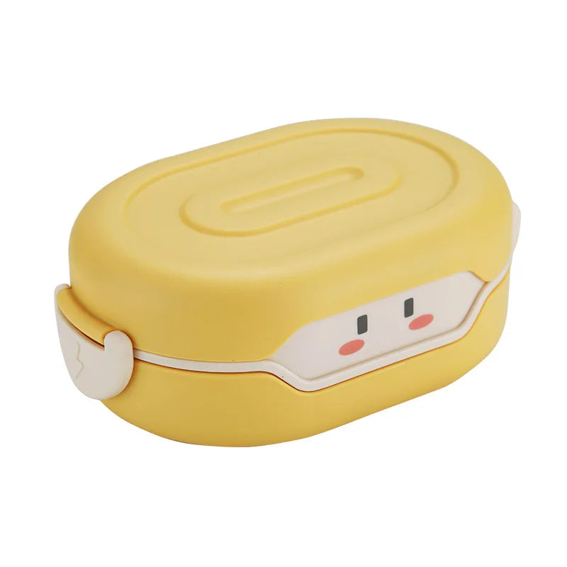 Yellow kawaii lunch box with cartoon face on a white background