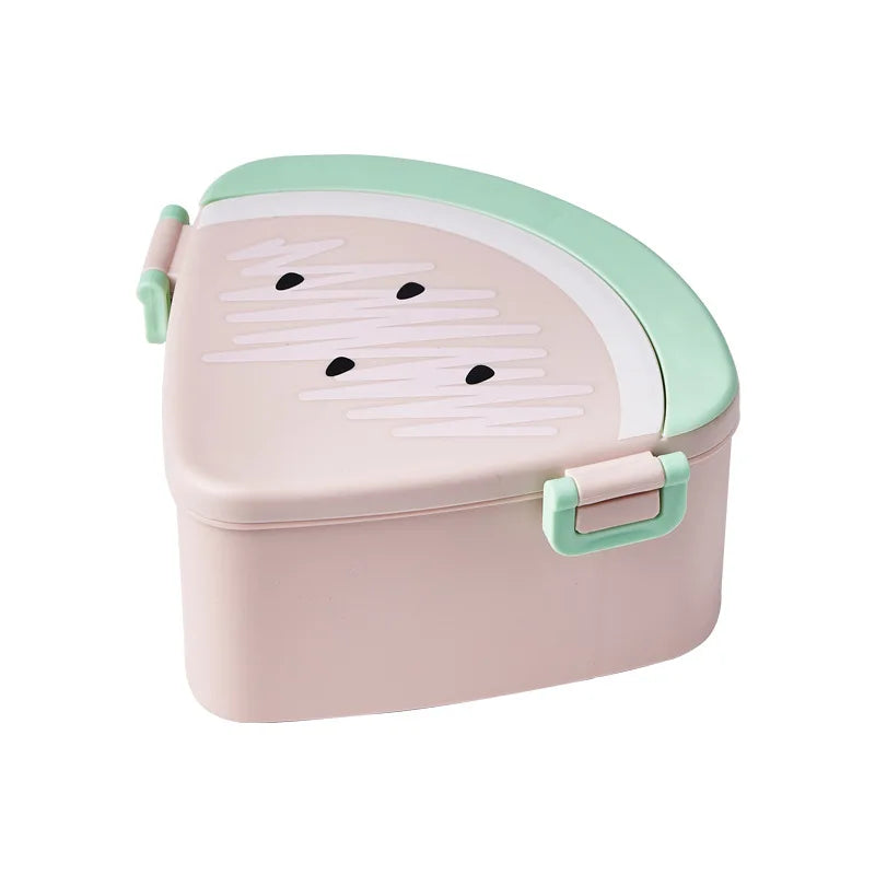 Pink and green watermelon-shaped kawaii bento box on a white background