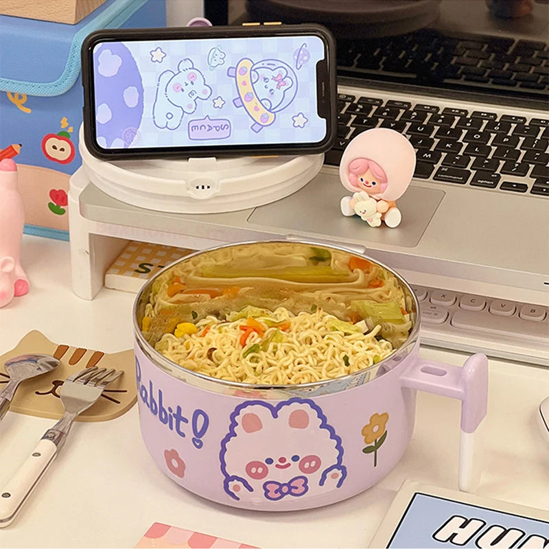A purple, rabbit themed kawaii ramen bowl