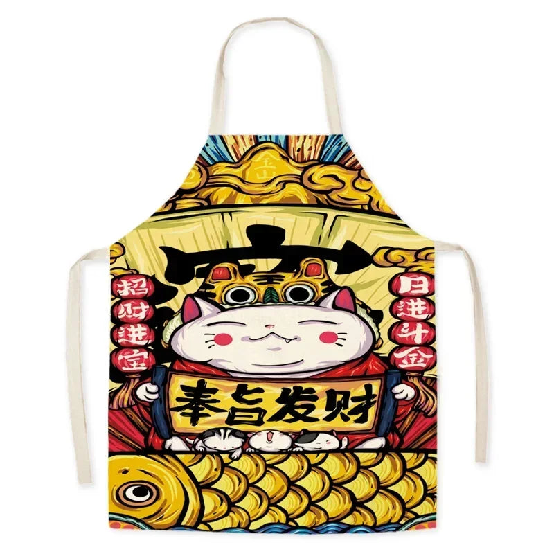 Colorful kawaii apron with a cartoon cat design and Chinese text on a white background