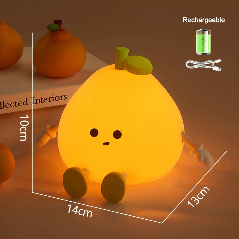 Lemon-shaped kawaii night light with dimensions and rechargeable feature on a brown background