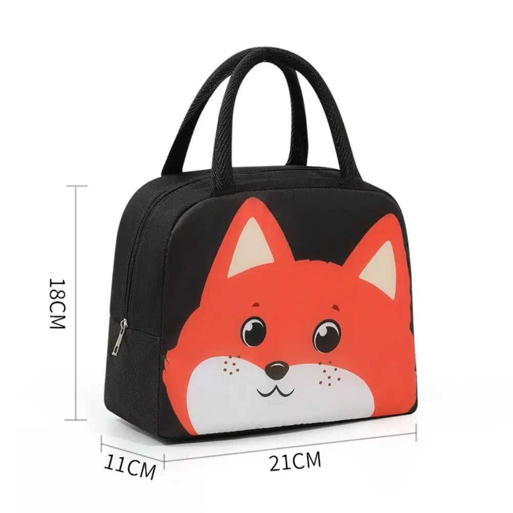 Black kawaii lunch bag with a red fox design and measurements on a white background