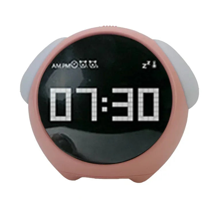 Kawaii digital clock with pink casing on a white background
