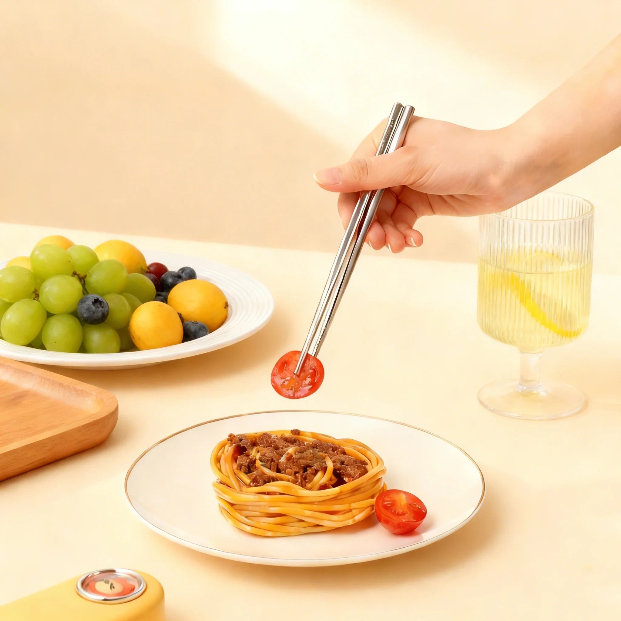 Someone holding steel kawaii utensils eating pasta